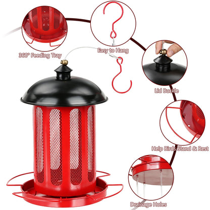 IWNTWY Bird Feeder, Large Capacity Bird Feeders for Outdoor Hanging, Heavy Duty Metal Wild Birdfeeder for Outside Garden Yard Decor, Retro Lantern Shape (Red)