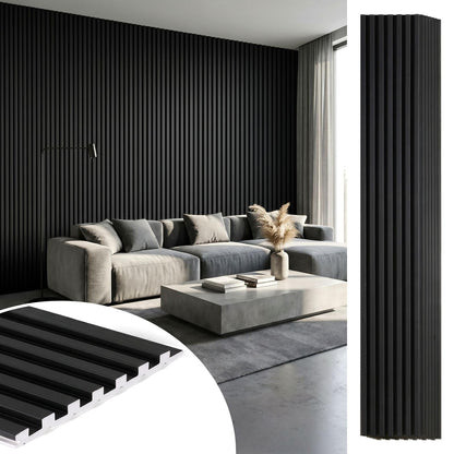 LARWORKS WPC Acoustic Slat Wall Panels 8-Pack 96'' x 6'', Accent 3D Wall Panel for Interior Wall Decor, Waterproof Fluted Textured Panel Wall Slats,Solid Black (Cover Approx.32 sq.ft)