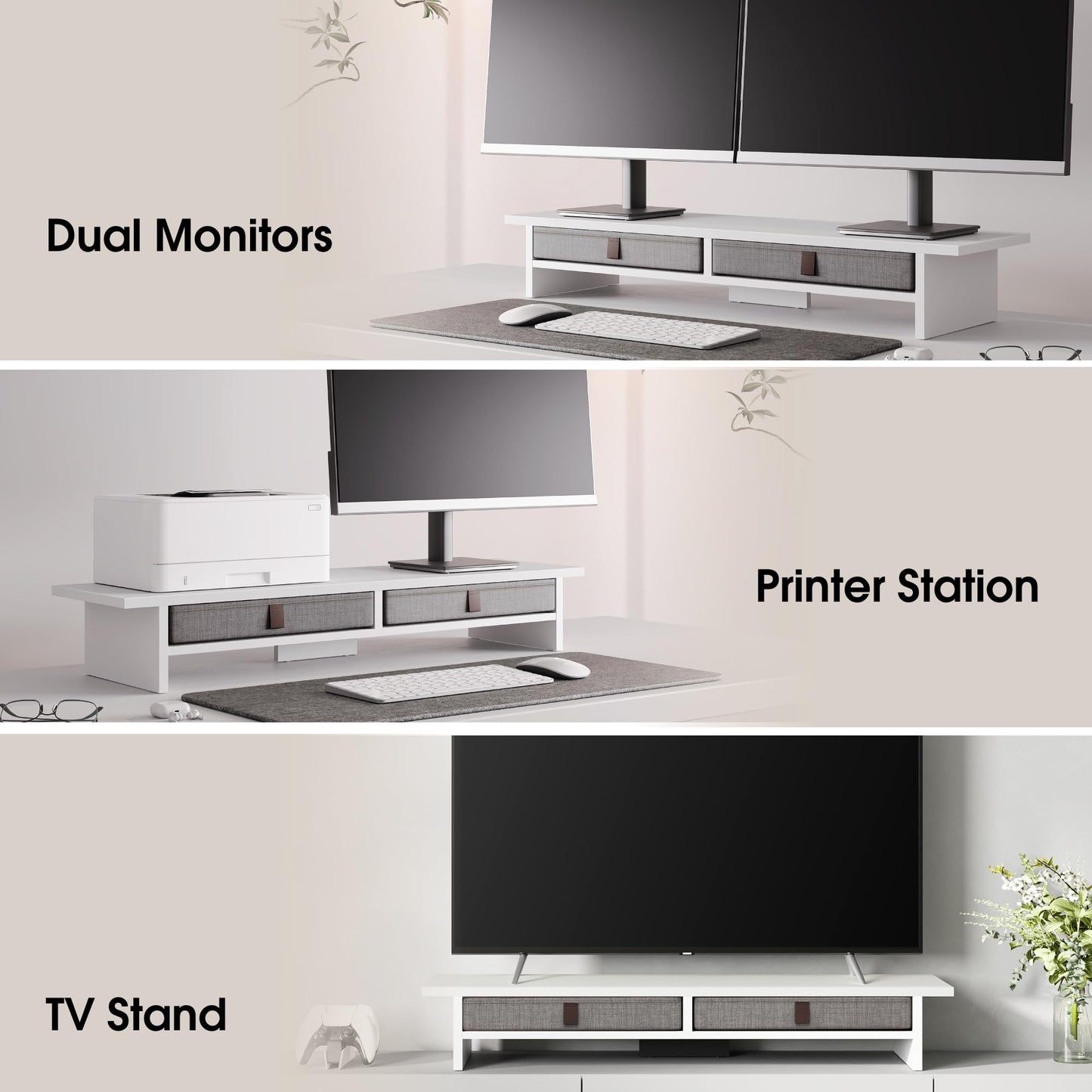 Fenge Monitor Stand with Drawer, 2 Tiers Dual Monitor Riser for Desk, 35 Inch Computer Stand for 2 Monitors, Desk Shelf for Home, Office, Laptop, PC, TV, Printer