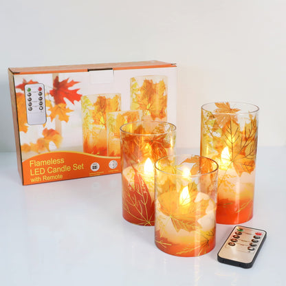 Crystal Club Fall Flameless Candles, Autumn Maple Leaves LED Flickering Candles with Remote and Timer, Battery Operated Glass Effect Pillar Candles for Fall Home Thanksgiving Home Décor