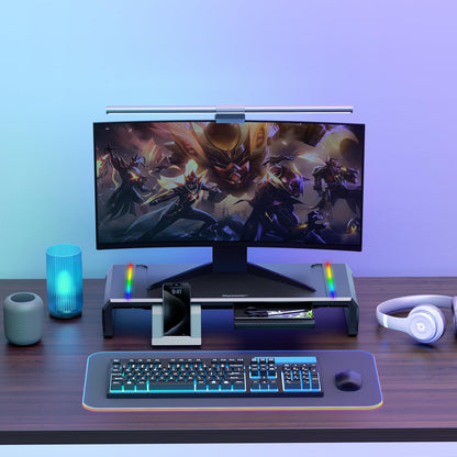 Heymaster Monitor Stand for Desk, Gaming Monitor Riser with RGB Light, Foldable Computer Monitor Stand Riser, Desk Organizers and Accessories for Desktop, Printer (Black)