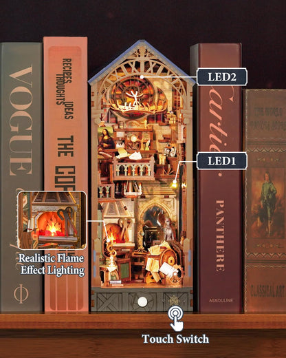 Tonecheer DIY Book Nook Kit for Adults, 3D Puzzle Wooden Miniature House Kit, Booknook Dollhouse Bookshelf Insert Decor Bookend with Dust Cover and LED Lights Gifts (Leonardo da Vinci)