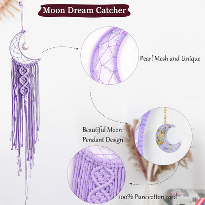 Moon Star Dream Catcher Decor,2pcs Boho Home Moon Star Dreamcatcher,Macrame Wall Hanging Boho Home Decor for Kids Baby Bedroom Decoration for Women Girls Craft Holiday Gifts Purple