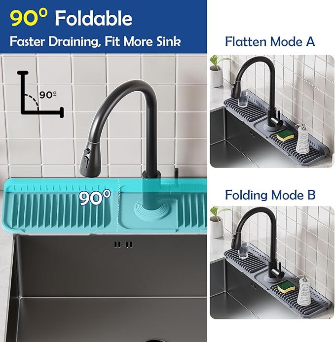 24"Longer Silicone Faucet Mat For Kitchen Sink Splash Guard -7° Slope Snap