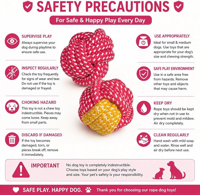 Cotton Rope Dog Ball Toy – Durable Braided Chew & Fetch Ball for Small to Medium Dogs – Natural Teeth Cleaning, Random Colors (Random Pink)