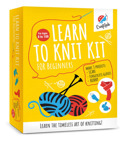 CraftLab Knitting Kit - Beginner Knitting Supplies with Wool Yarn, Needles, Instructions, DIY Gift