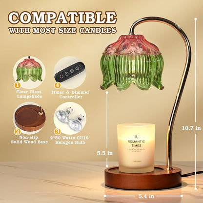 Funistree Glass Candle Warmer Lamp with Timer, Electric Candle Warmer Lamp, Graduation Birthday Gifts for Women Girls, Flower Candle Light Warmer Gifts, Aromatic Candle Warmer for Vintage Home Decor