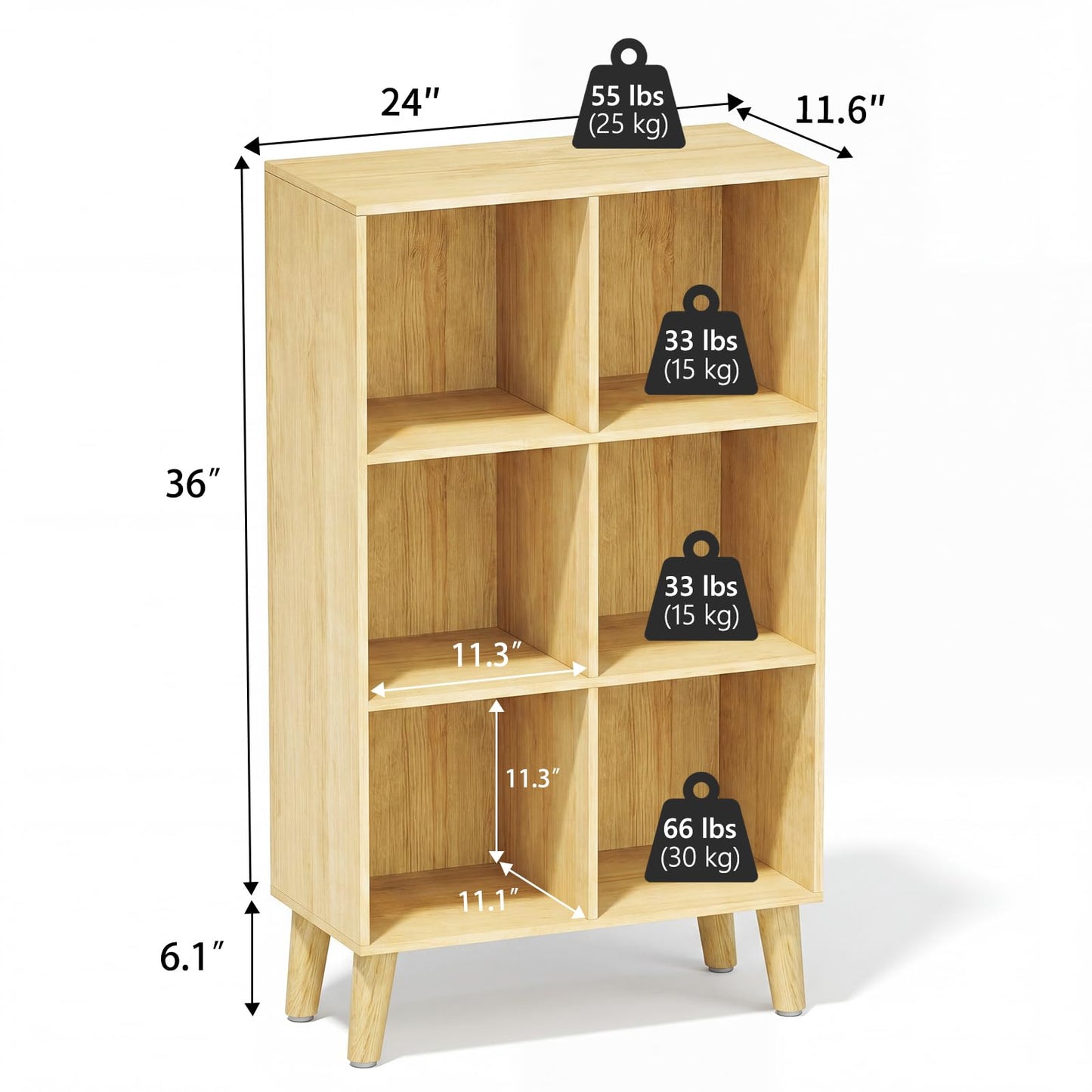 VAFHYLLIS 6 Cube Storage Organizer with Legs, 3 Tier Cube Low Bookcase Freestanding Storage Display Organizer for Home Office, Six-Cubes Open Shelf Bookshelf (Natural Oak, 6 Cube Vertical)