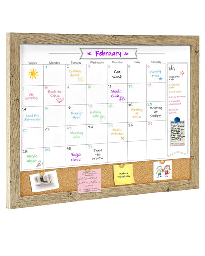 Dry Erase Calendar Whiteboard for Wall, Small Combination Magnetic Dry Erase White Board & Bulletin Board, 13" x 17" Rustic Brown Frame Calendar/Cork Combo Board(RB-3343)