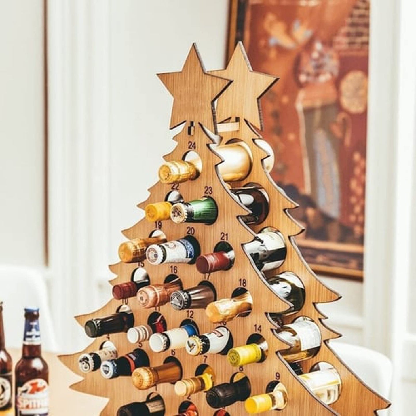 Christmas Countdown Wine Rack, Christmas Tree Wine Rack, Wooden Advent Calendar 24 Days Christmas Tree Wine Bottle Holder, Adult Christmas Tree Countdown Decorations(Tree-S)