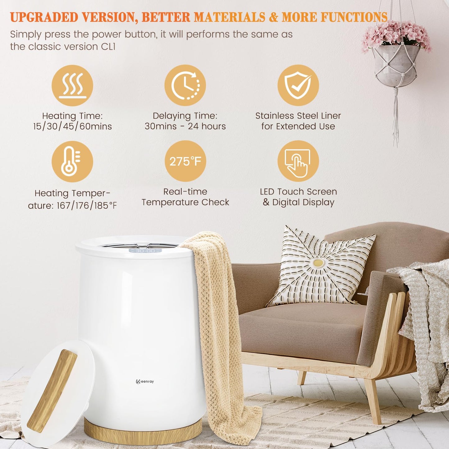 Keenray Upgraded Towel Warmer Bucket, Large Towel Warmer with 3 Heating Modes, Heat Time 30/45/60/90 Min Adjustable and Up to 24 Hour Delay Timer, Towel Heater for Oversize Bathrobes Blankets, CL1Plus