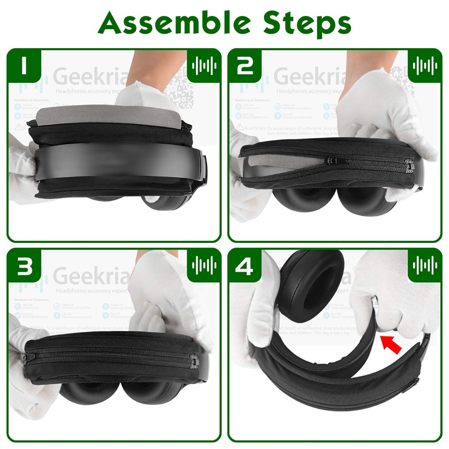 Geekria Hook and Loop Headband Cover + Pad Set, Protector with Zipper Closure Compatible with Medium Sized Headphones, Easy DIY Installation (Protein Leather/Black)