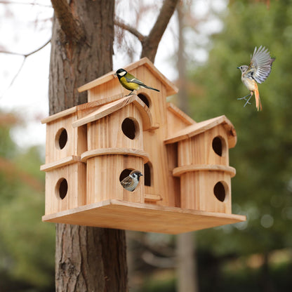 Bird Houses for Outside, Wooden 10 Hole Bird House for Multiple Birds, Hanging Birdhouse Nesting Box for Wren Finch Chickadee, Decorative Garden Bird Hotel