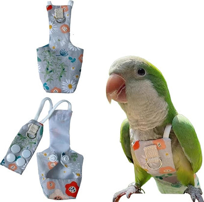 Snap-Closure Parrot Diaper Flight Suit for Cockatiels, Lovebirds & Medium Birds Cotton Washable Escape-Proof Harness with Leash Set(Peony Model)