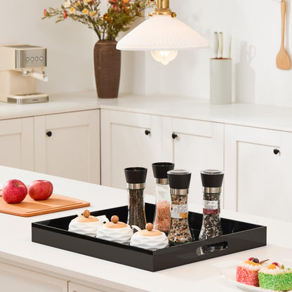 Large Glossy Black Acrylic Serving Tray (18×14Inches) with Cut Out Handles Spill Proof Acrylic Decorative Tray Organiser for Ottoman Coffee Table Countertop