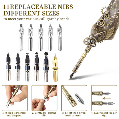 LongLongJin Calligraphy Pens and Ink Set - Calligraphy Kits for Beginners,Quill Pen Includes Dip Pen,8*Colors Ink,11*Calligraphy Pen Nibs（Grey）