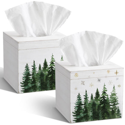 Yalikop 2 Pcs Christmas Tissue Boxes Cover 6 Inch Christmas Winter Holiday Xmas Pine Trees Square Tissue Case Cover Holder T for Square Wooden Decorative for Home Living Room Bathroom Office Decor