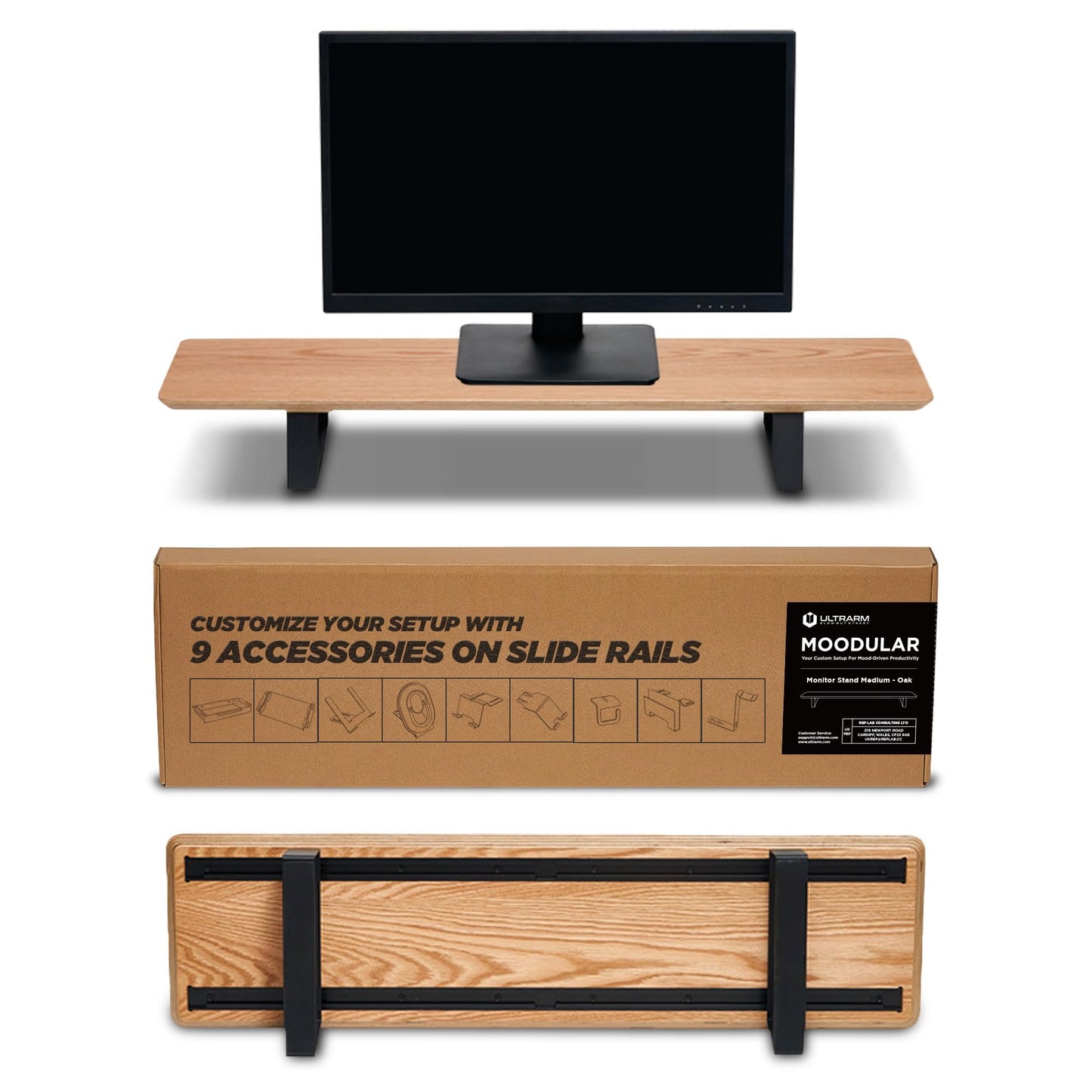 ULTRARM Moodular Wooden Monitor Stand 33.4” (85cm) Desk Organizer with Metal Slide Rails for Drawer, Tray, Laptop, Tablet, Phone & Headphones Customizable Riser for Organized Workspace Oak MS85-O