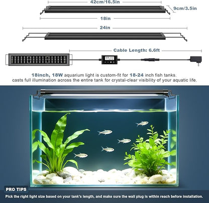 LED Aquarium Light Full Spectrum Fish Tank Light with RGB Brightness/Color Stepless Adjustment, 24/7 Day-Night Cycle Mode, Auto On/Off Timer, IP68 Waterproof (18W for 18'' - 24'' Tank)