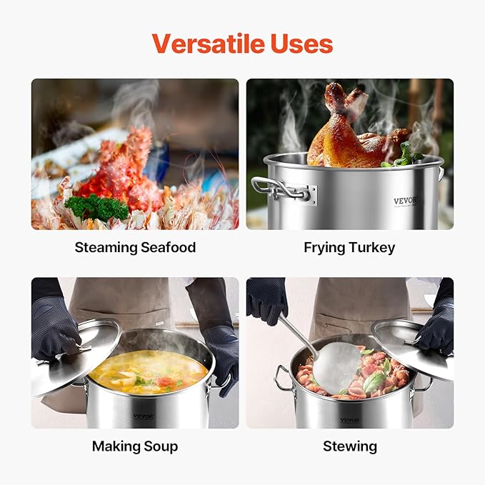 VEVOR Stainless Steel Stockpot, 53 Quart Large Cooking Pots, Cookware Sauce Pot with Lid, and Handle, Heavy Duty Commercial Grade Stock Pot, Sanding Treatment, for Large Groups Events Silver