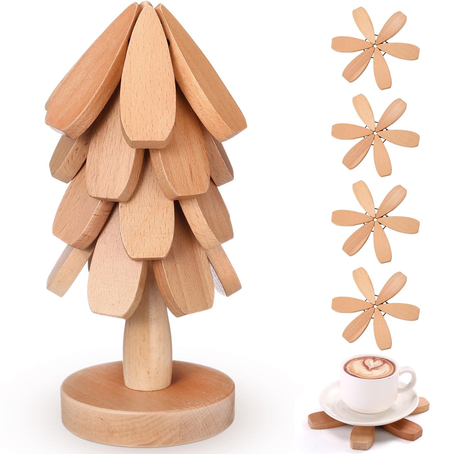 Wooden Christmas Tree Coaster Trivets Wood Trivets Set for Hot Dishes Set of 4 Christmas Tree Shape Foldable Wooden Coaster and 1 Stand Natural Trivet for Cups Plates Bowls Pots(Beech Color)