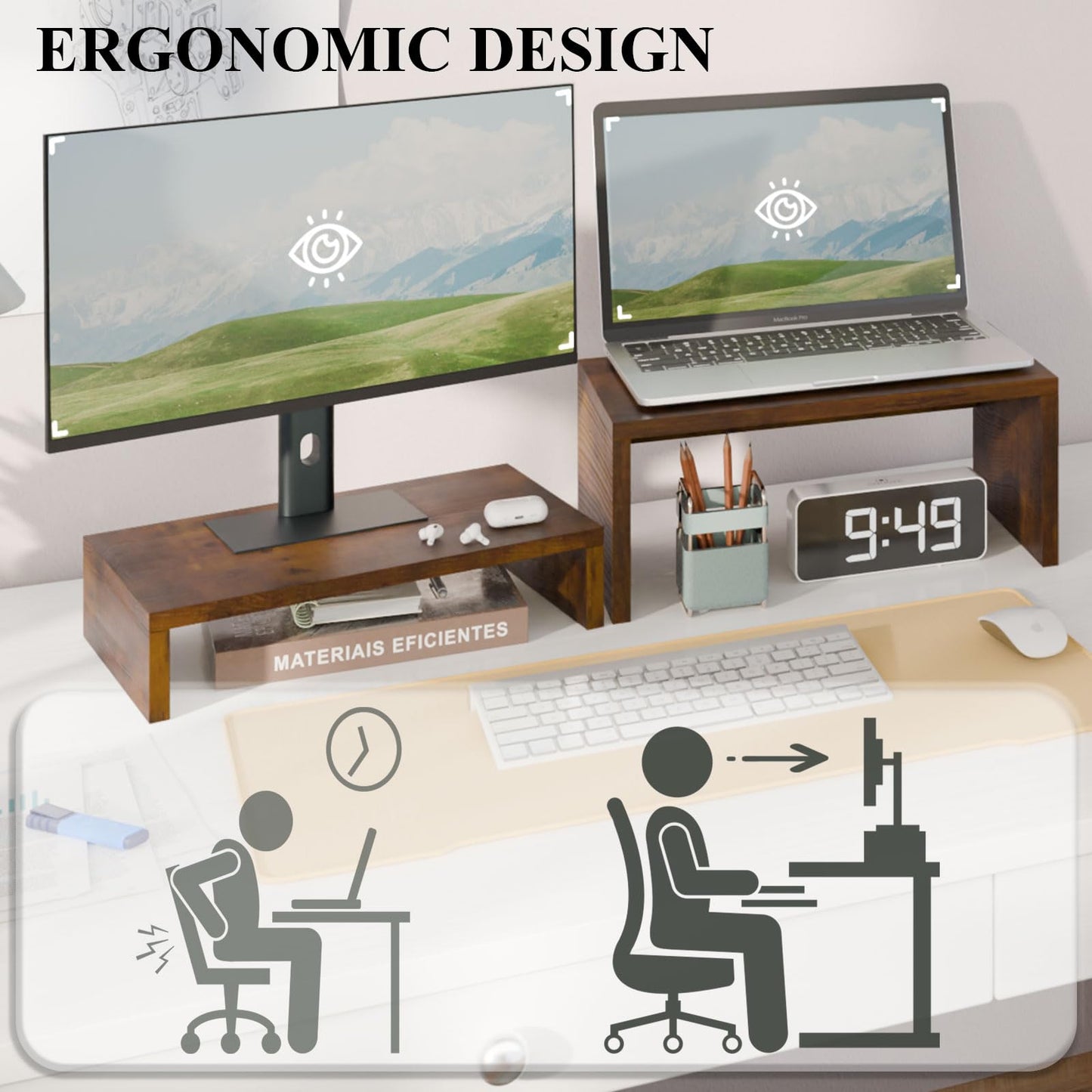 TEAMIX 2 Pack Monitor Stand Riser Rustic Brown,Wood 2 Tier Adjustable Monitor Stand Dual Monitor Riser for 2 Monitors/Laptop/PC Computer Stand Desktop Space Saver…