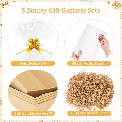 EVELOMO 5 Pack Empty Gift Baskets to Fill - 12" x 10" Large Baskets for Gifts Empty, Sturdy DIY Gifts Baskets Sets with 200g Crinkle Cut Papers for Birthdays Weddings Parties and Holidays (Kraft)