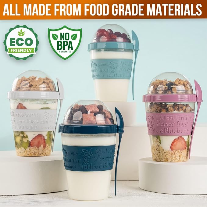 4-Pack Reusable Parfait Cups with Lids & Built-In Spoons - BPA-Free Dual-Compartment Containers for Oatmeal, Granola, Breakfast, Gym, and Travel - Leakproof & Dishwasher Safe - (20 oz)