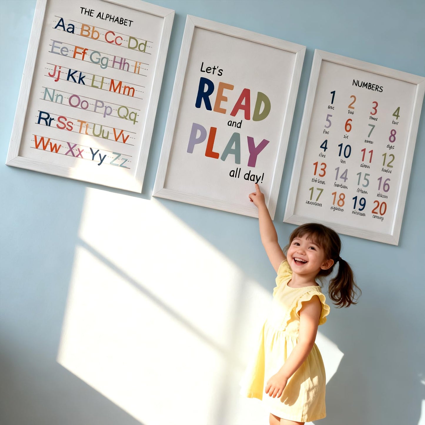 Cute Alphabet Numbers Framed Wall Art Set of 3, Boho Educational ABC Poster Wooden Sign for Baby Girl Kid Boy Toddlers, Neutral Preschool English Letters Nursery Decor for Homeschool Playroom Daycare