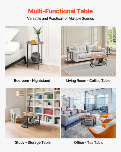 VEVOR 3 Pieces Round Coffee Table Sets, 31.5 in Industrial Living Room Table with 2 End Side Tables, Easy Assembly Coffee and End Tables Sets with Metal Legs, for Office, Living Room and Apartment