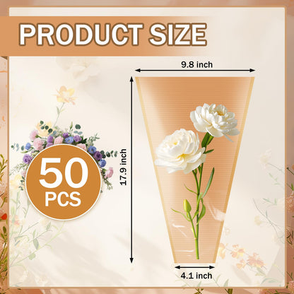XABMU Flower Bouquet Bags - 50 Pack Kraft & Clear Floral Wrapping Sleeves for Wedding, Graduation, Mother’s Day Gifting & Florist Supplies