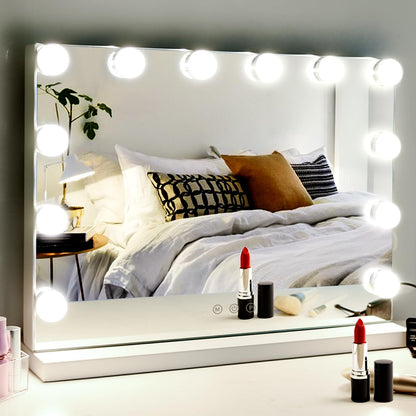 M MIVONDA Hollywood Vanity Mirror with Dimmable 15LED Bulbs Lights 3 Lighting Modes 2in1 Large Lighted Makeup Mirror for Desk and Wall with Plug-in and USB Charger Port