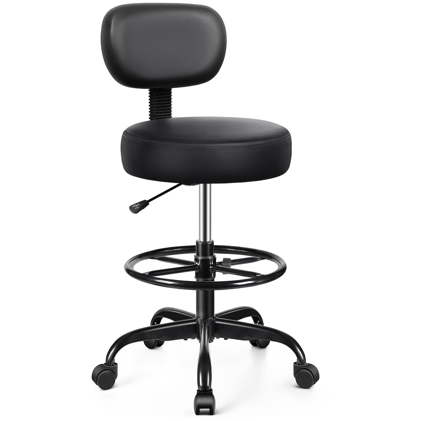 Brick Attic Drafting Chair with Backrest – Adjustable Foot Rest Rolling Stool with Wheels, PU Leather Swivel Stool for Office Spa Studio Lab Counter Salon Home Work Bar Kitchen Shop(Black)