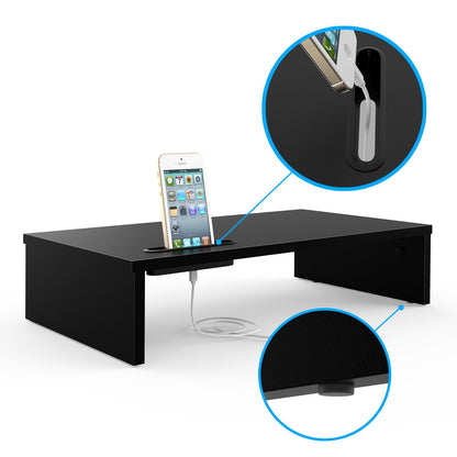 1home Ergonomic Monitor Stand Riser, 21.3 Inch Wood Desktop Stand with Cellphone Holder and Cable Management, Black
