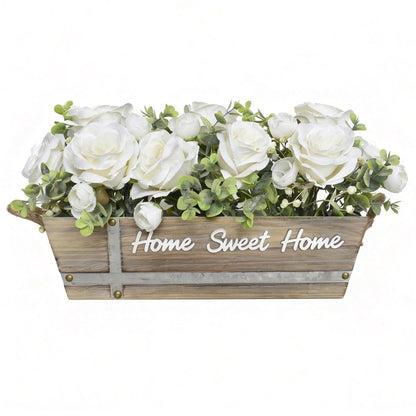 ANMAYNICE Artificial Rose Flower Arrangement with Eucalyptus in Wooden Planter, Faux Flowers Farmhouse Table Centerpiece, “Home Sweet Home” Rustic Home Décor, White