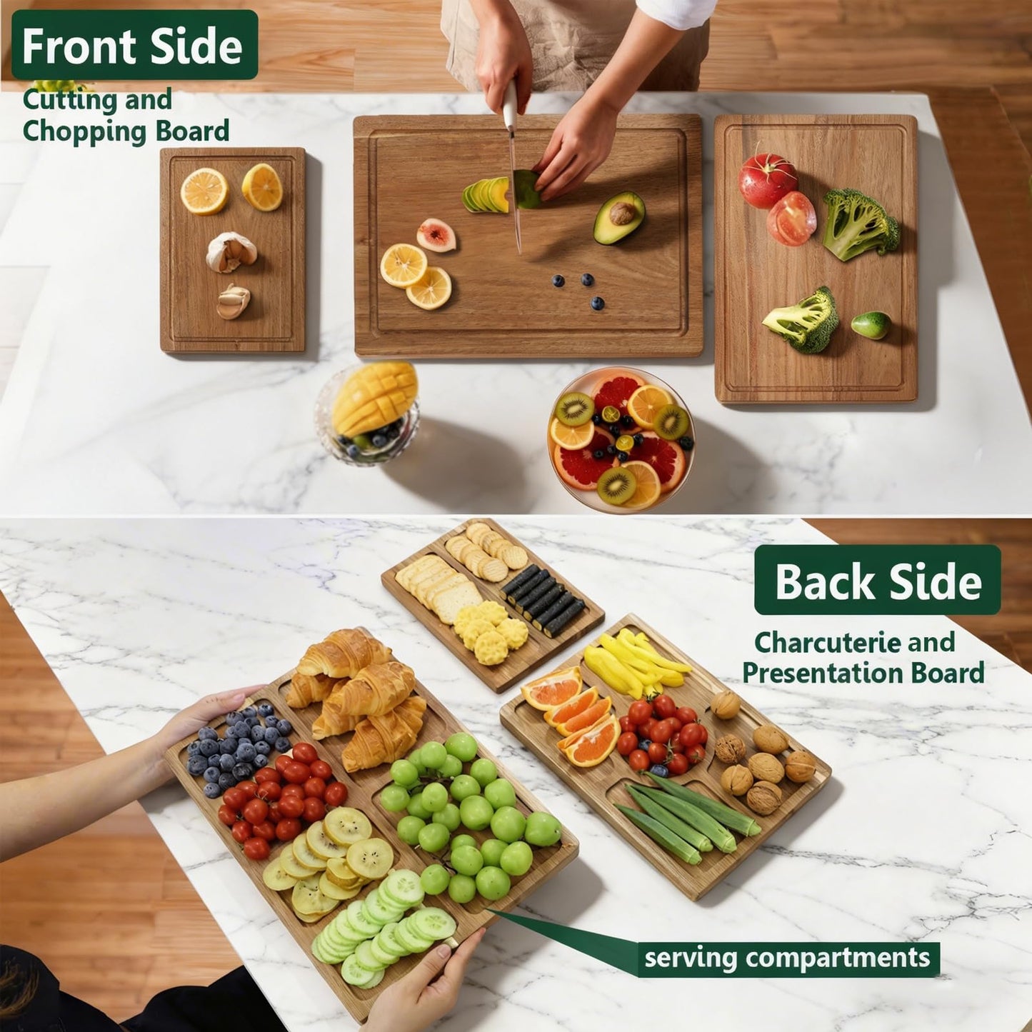 3 PCS Acacia Wood Cutting Boards for Kitchen With Wooden Storage Stand