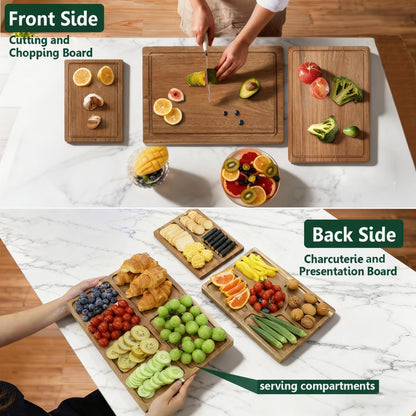 3 PCS Acacia Wood Cutting Boards for Kitchen With Wooden Storage Stand