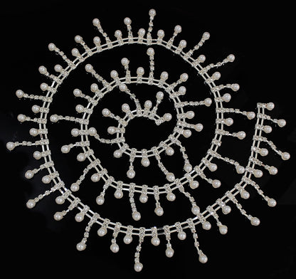 FQTANJU 1 Yard Rhinestone Pearl Tassel Fringe Trim Ribbon, Inlaid Pearl Beaded Crystal Close Chain Applique Bridal Embellishments for Sewing Crafts Wedding Party Clothing DIY Decoration
