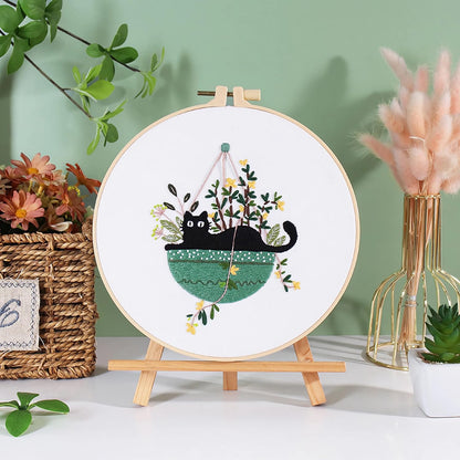 RidaaFri Embroidery Kit for Beginners, Set of 3 Stamped DIY Kits with Cat, Floral, Plant Patterns for Adults, Includes Hoop, Needles, Floss, Step-by-Step Video Tutorial, Complete Sewing Craft Supplies