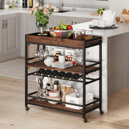 BON AUGURE Bar Cart for The Home, Rolling Home Bar Serving Cart on Wheels, 3 Tier Liquor Beverage Carts with Wine Rack and Glass Holder (Rustic Oak)
