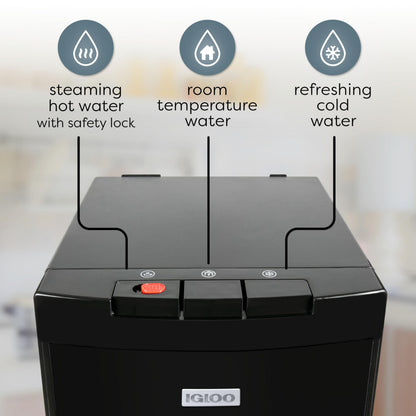 Igloo Bottom-Loading Water Dispenser – Water Cooler Dispenser with Hot & Cold Temperature Settings- Electric Water Dispenser Fits 3- & 5-Gallon Jugs with Child Safety Lock for Home & Office Use– Black