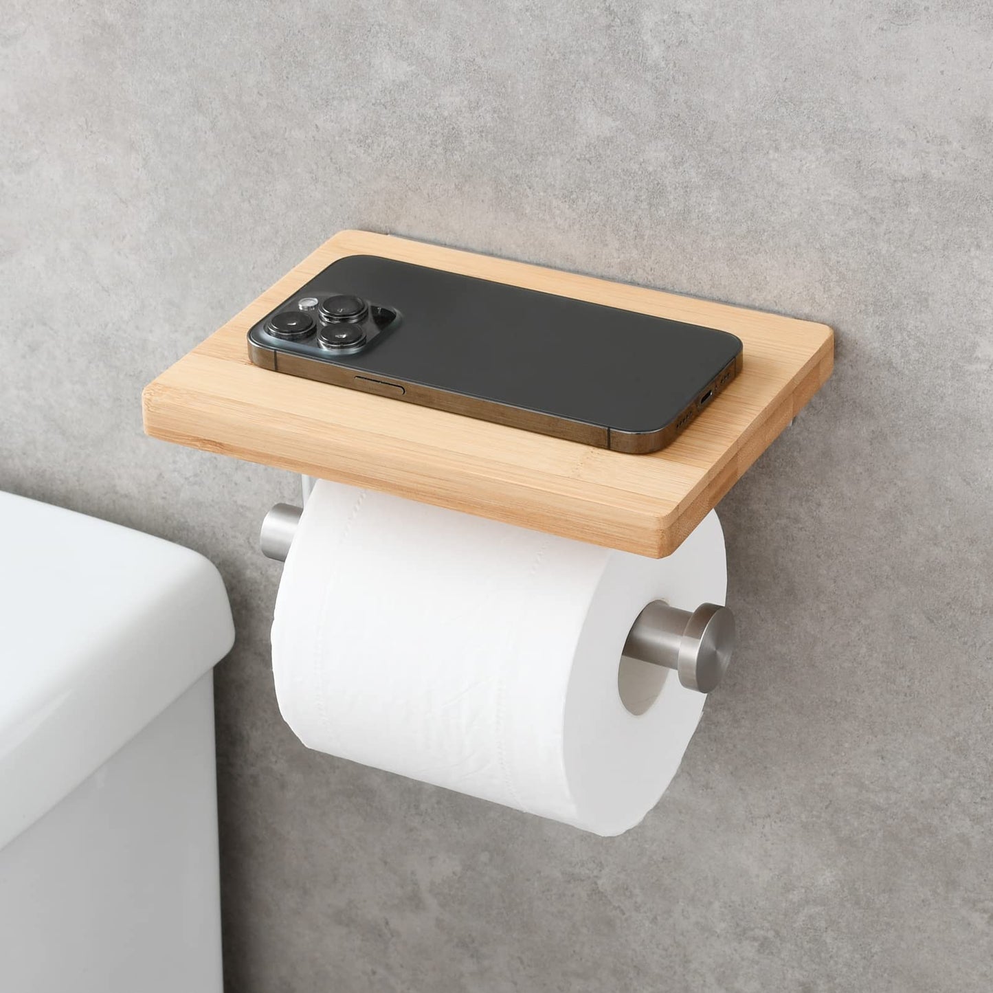 Tecmolog Stainless Steel Paper Roll Holder Wall Mount Toilet Tissue Holder with Wooden Storage Shelf, Brushed Nickel, SBH264NA