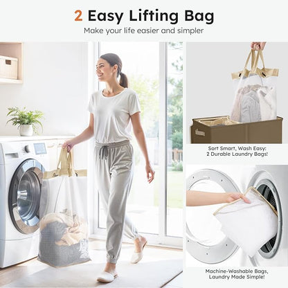 SOLEDI Large Double Laundry Hamper with Lid, Collapsible Clothes Hamper 2 section with Removable Bags, Space-Saving Laundry Basket for Bedroom, Dorm, College