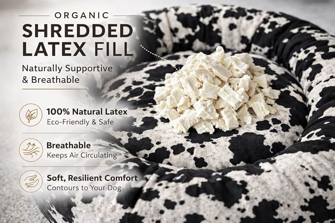 Round Dog Bed – Natural Canvas, Removable Washable Cover, Raw Cotton or Latex Fill, Hypoallergenic Non-Toxic, Made in USA (Cow Print Black White, X-Small, Soft Comfort – Organic Latex)