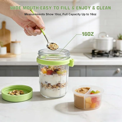 4 Pack Overnight Oats Containers with Lids and Spoons - 16 oz Glass Mason Jars with Dressing Cup, Over night Oat Jars for Meal Prep, Yogurt Parfait Cup for Chiaseed Salad (Green)