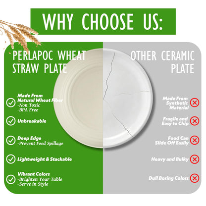 Perlapoc Wheat Straw Plates 6-Piece Set, 10 Inch Unbreakable Deep Dinner Plates, Reusable Plastic Plates Microwave and Dishwasher Safe BPA-Free for Family, Daily Use, LightGrey