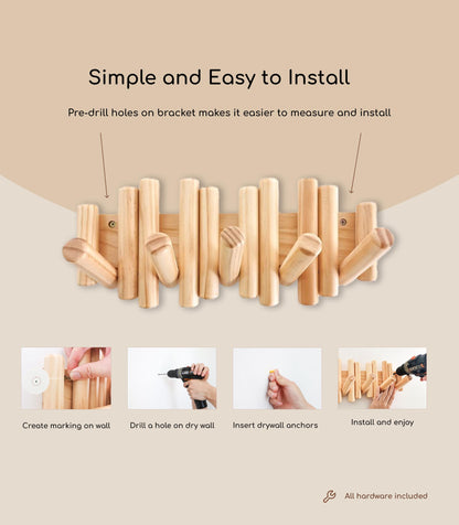 Flynt Ave. Modern Wooden Wall Mounted Coat Rack, 5-Hooks, Decorative Wall Hooks for Purse, Bags & Hats, Heavy Duty, Sturdy, Natural Pine Wood, Pull Down Hooks, Easy to Install