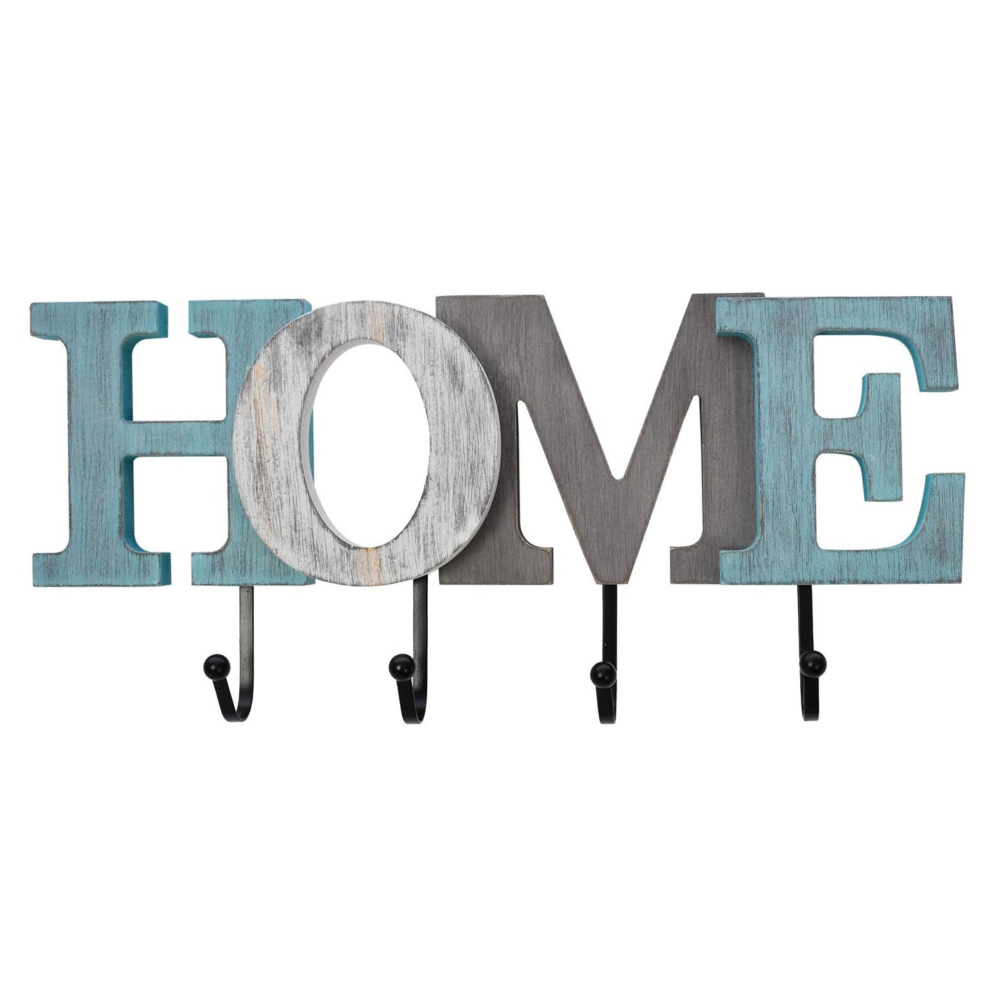 Linfevisi Wooden Home Sign Aqua Hanging Block Letters Sign Rustic Wood Word Decor Home Wall Sign Cutout Word Art Wall Decor Decorative Key Holder Hanger with 4 Hooks (home)