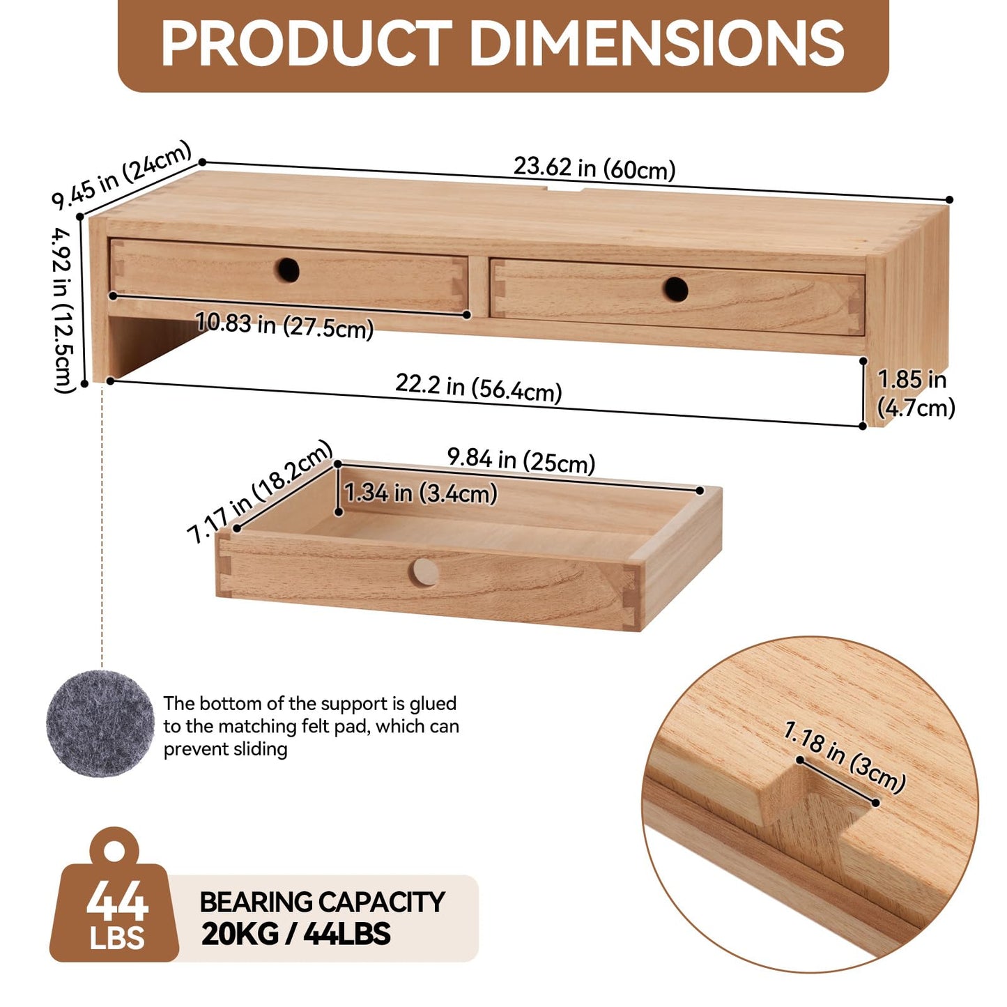KIRIGEN Wood Monitor Stand with 2 Drawers, Solid Wood Computer Monitor Riser for Desk, Desktop Organizer Shelf with Cable Management, Pen Slots, Natural, No Assembly PMJ-NA
