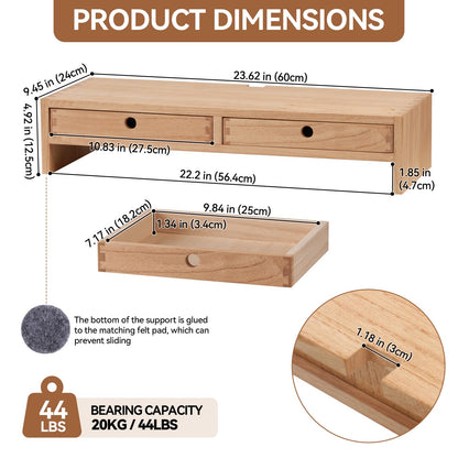 KIRIGEN Wood Monitor Stand with 2 Drawers, Solid Wood Computer Monitor Riser for Desk, Desktop Organizer Shelf with Cable Management, Pen Slots, Natural, No Assembly PMJ-NA